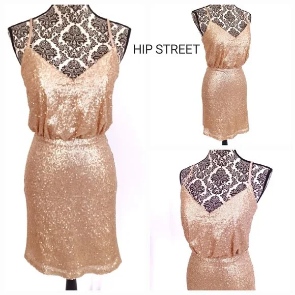 Bari Jay Dresses | Bari Jay Gold Mini Sequin Spaghetti Strap Blouson Top Cocktail Party Dress 2 | Color: Gold | Size: 2 | Hipstreet's Closet